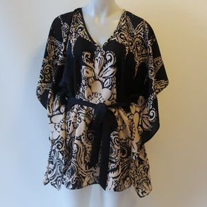 RYLEE & QUINN BLACK TAUPE TIE WAIST TUNIC TOP S *